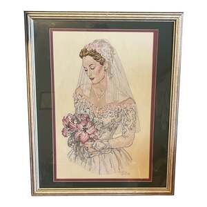 Vtg Hand Stitched 'The Bride' Cross-Stitch Silk Ribbon and Bead Embellishments